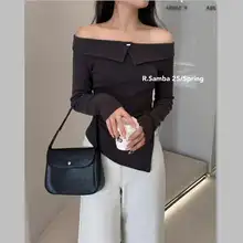 女性用 長袖オフショルダーカットソー【不規則デザイン・リラクシーシルエット・春秋向け】（セットアップ対応）