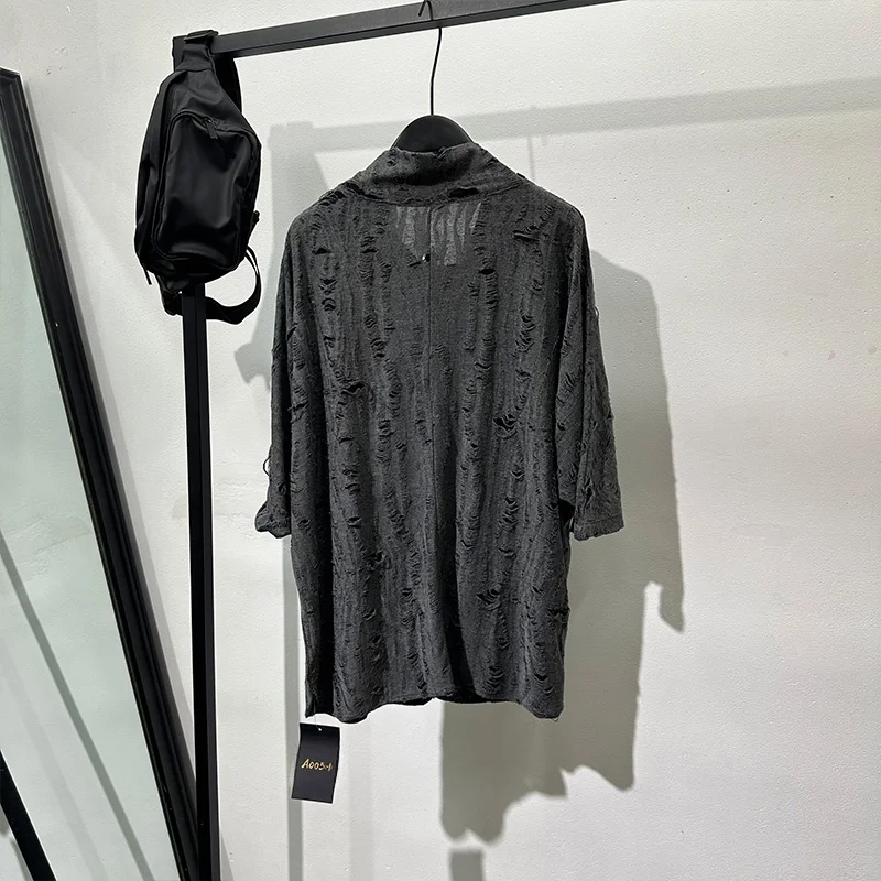 夏用ヴィンテージ風フィットTシャツ【破れデザイン・ドロップショルダー】（セットアップ対応）
