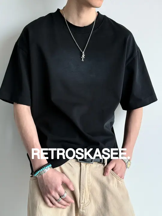 染め柄ワッシャー仕上げ短袖Tシャツ【メンズ・ゆったりサイズ・コットン・クルーネック・ラフなデザイン】