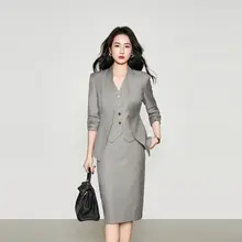 優雅なデザインの浅灰色スーツスカート【女性用・タイトシルエット・上品なOLスタイル】（セットアップ対応）