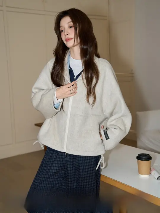ウールコート レディース ダブルフェイス ファスナー テーラーカラー ショート丈 オートミールカラー 秋冬