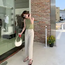 レディース ルーズフィットストレートパンツ【薄手・ハイウエスト・デザイン・通勤用】