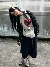 アメリカンヴィンテージ風ハートドット切り替えデザイン長袖Tシャツ【ルーズフィット・春秋対応】