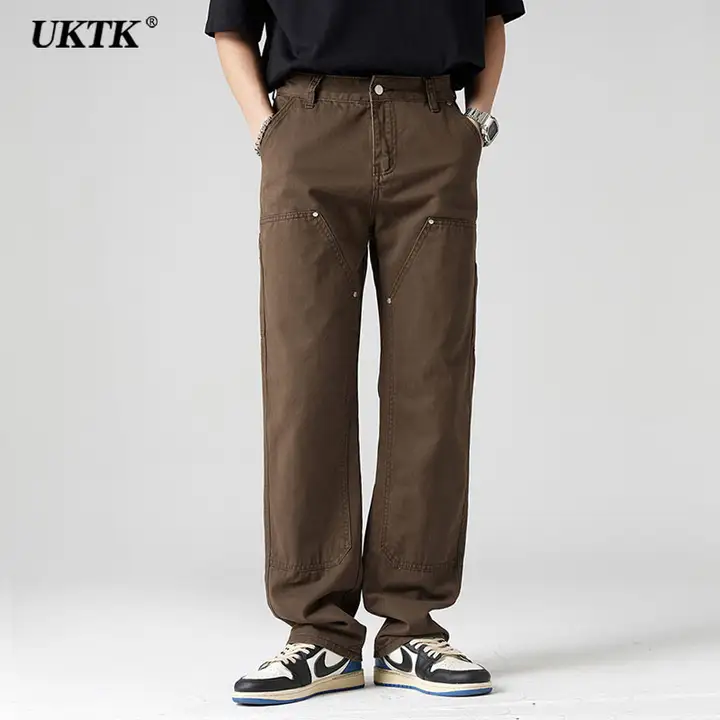 UKTK メンズ加毛ワークパンツ【秋冬用・ルーズフィット・ストレート・デニム・リベットデザイン】