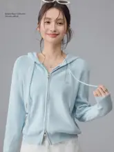レース付きフードニットカーディガン【ブルー・春季用・女性用・優しいデザイン】