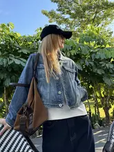 美式ウォッシュ加工デニムジャケット【レディース・フィット・秋用・翻領】