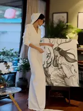 フード付きVネックパッド入りロングニットドレス【厚手・スリットデザイン・白】