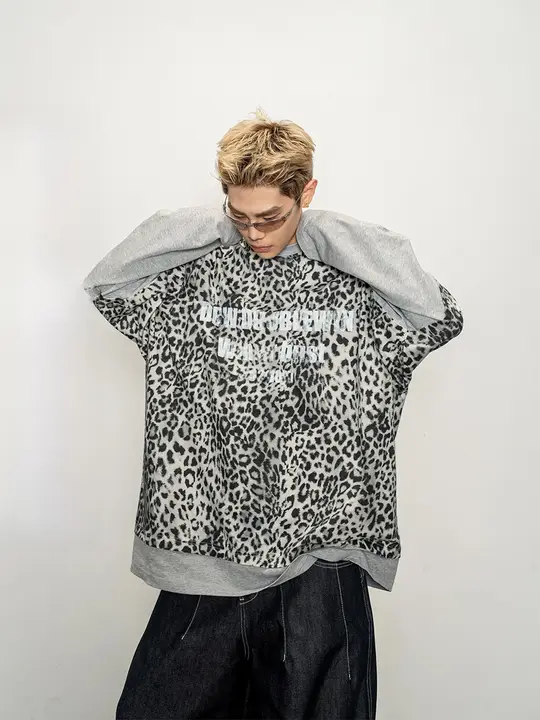 レオパード柄切替デザインの長袖Tシャツ【フィット・カジュアル・落ち感のあるスタイル】（セットアップ対応）