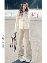 カーキ色ハイウエストストレートジーンズ【女性用・ワイドフィット・スリム効果】（セットアップ対応）