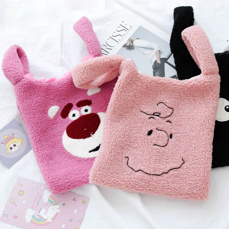 可愛い刺繍付きファー手提げバッグ：カートゥーンデザインで秋冬のショッピングを楽しく