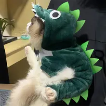 ペット用 防寒フリース 恐竜デザイン猫服【秋冬用・ブルー・ふわふわ素材】