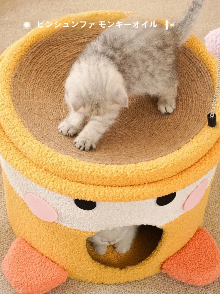 二層構造のキャットタワー：猫用爪とぎ付き・麻素材でストレス対策を実現