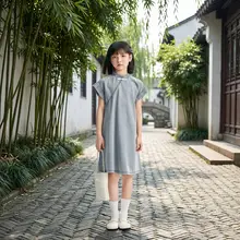 ワンピース キッズ ガールズ デニム 半袖 チャイナドレス風 上品 おしゃれ 夏