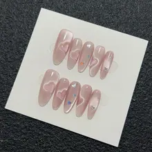 ピンクハートのキャットアイデザインの人工爪【ロングタイプ・ウェディング用・手作り】
