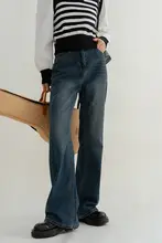 ハイウエスト微フレアデニムパンツ【レディース・春秋・ストレート・ゆったり・ロングレングス】