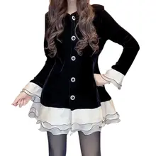 上品な金糸ベロアのAラインドレス【フリルエッジ・気品あるデザイン】