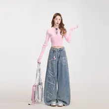 ヴィンテージスタイルプリントデニムパンツ【アメリカンカジュアル・フィット・  ワイドレッグ】（セットアップ対応）