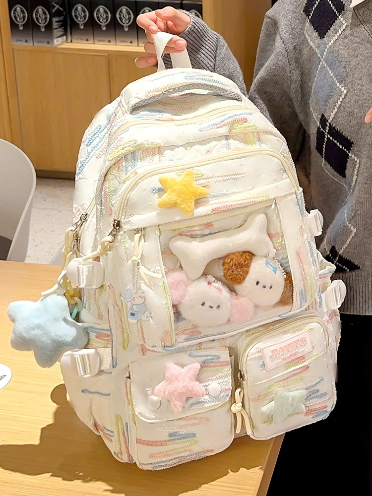 かわいいストライプのリュック：甜美学院風で軽量かつ柔らかい通学用バックの実用性解析