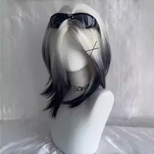 男女兼用 中長髪ウィッグ【黒白グラデーション・中分けスタイル・ナチュラルな仕上げ】