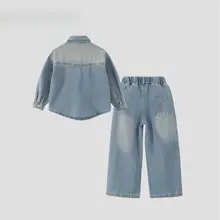 春秋用 子供用デニム刺繍シャツ【カジュアル・ブルー・スタイリッシュ】（セットアップ対応）