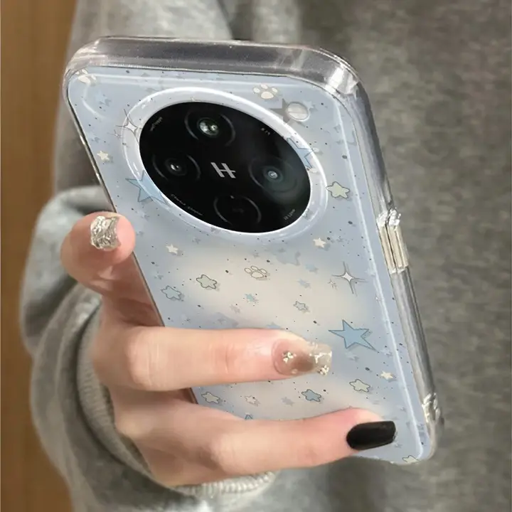 OPPO Find X8用 スマホケース【全包・シリコン製・落下防止・ブルーとホワイトの星柄】