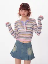 春夏用 アメリカンレトロデザインの短丈ストライプ模様透かし長袖トップス