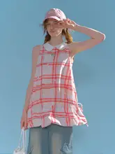 夏季アメリカンレトロデザインの赤いチェック柄  のフリル襟ノースリーブドレス【ウエスト絞り・抽紐付き】（セットアップ対応）