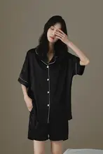 夏用シルクサテンパジャマ【レディース・ショートスリーブ・ショートパンツ・カーディガン付き・無地】