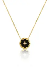 バロックデザインの18Kゴールド黒メノウ円形ネックレス【フレンチスタイル・レトロな純銀製・黒い八芒星モチーフ】