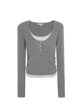 ニットシャツ 女性 秋 Uネック ギャザー デザイン スリム カラーコンビネーション 長袖