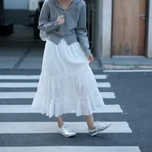 MIXABO エレガントなレース切り替えのウエストゴム女性用ロングスカート【白・春秋用・Aライン】