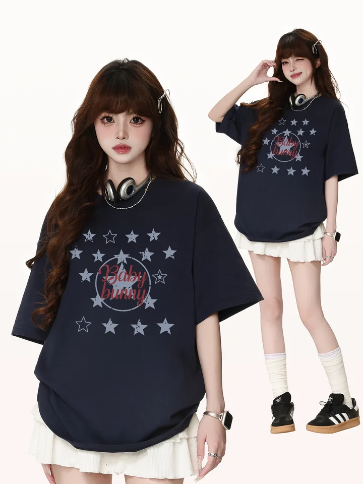 可愛いバニーキャラクターのコットン短袖Tシャツ【夏用・ルーズフィット・カジュアル】