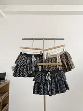 学院風 チェック柄のドローストリングススカート【おしゃれなフレンチスタイル・フレアデザイン】（セットアップ対応）