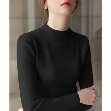 女性用 ニット半高領 五分袖トップス【ウール混・スリムフィット・秋用】