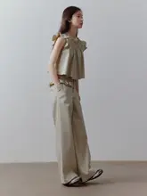 極上の柔らかさのコットン製低ウエストカジュアルパンツ【重工刺繍・アプリコットグレー】（セットアップ対応）