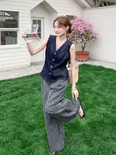 復古スタイルの薄手デニムベスト【夏用・カジュアル・フィット・ストライプワイドパンツ】（セットアップ対応）