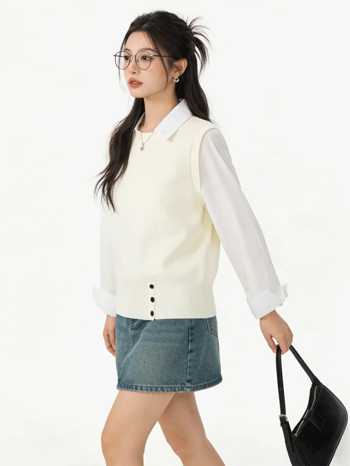春先にぴったり！杏色のニット重ね着風シャツ【カジュアルな学院スタイル・スリムフィット】（セットアップ対応）