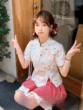 小犬プリントの夏用短袖トップスとスカート【新中式・フレッシュデザイン】（セットアップ対応）