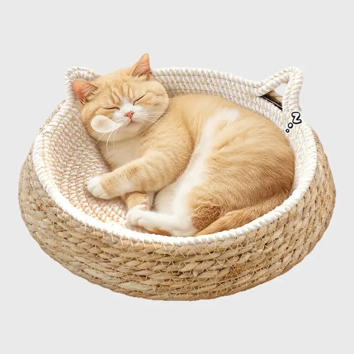夏用バスケット型猫ベッド【籐編み・麻ひも製・通年使用可・抜け毛防止】