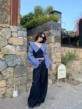 ストライプ切り替え長袖シャツとハイウエストワイドパンツ【秋冬用・トレンド女性ファッション】（セットアップ対応）