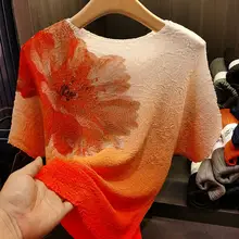 グラデーションバットウィング袖デザインのトップス【円形ネック・くしゅくしゅ加工・したシルエット・短袖】