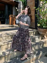 ヴィンテージ風デニムシャツとフラワープリント半身スカート【夏用・独特なデザイン】（セットアップ対応）