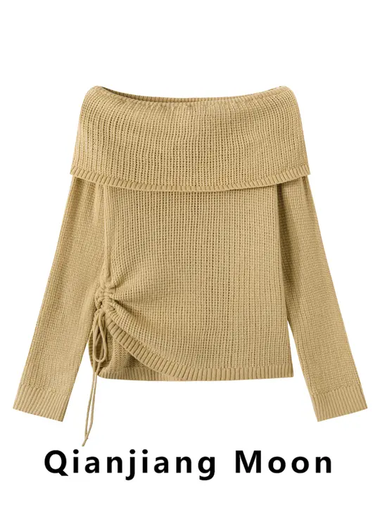 フランス風 ビンテージオフショルダー長袖ニットトップス【抽ひも・スタイルアップ・シンプル】