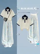 学院風 夏用 レディース 半袖ポロシャツ【チェック柄・ルーズフィット】とワイドパンツ（セットアップ対応）