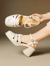 白色の太めヒールマリジェーンサンダル【編みデザイン・真皮・夏用】