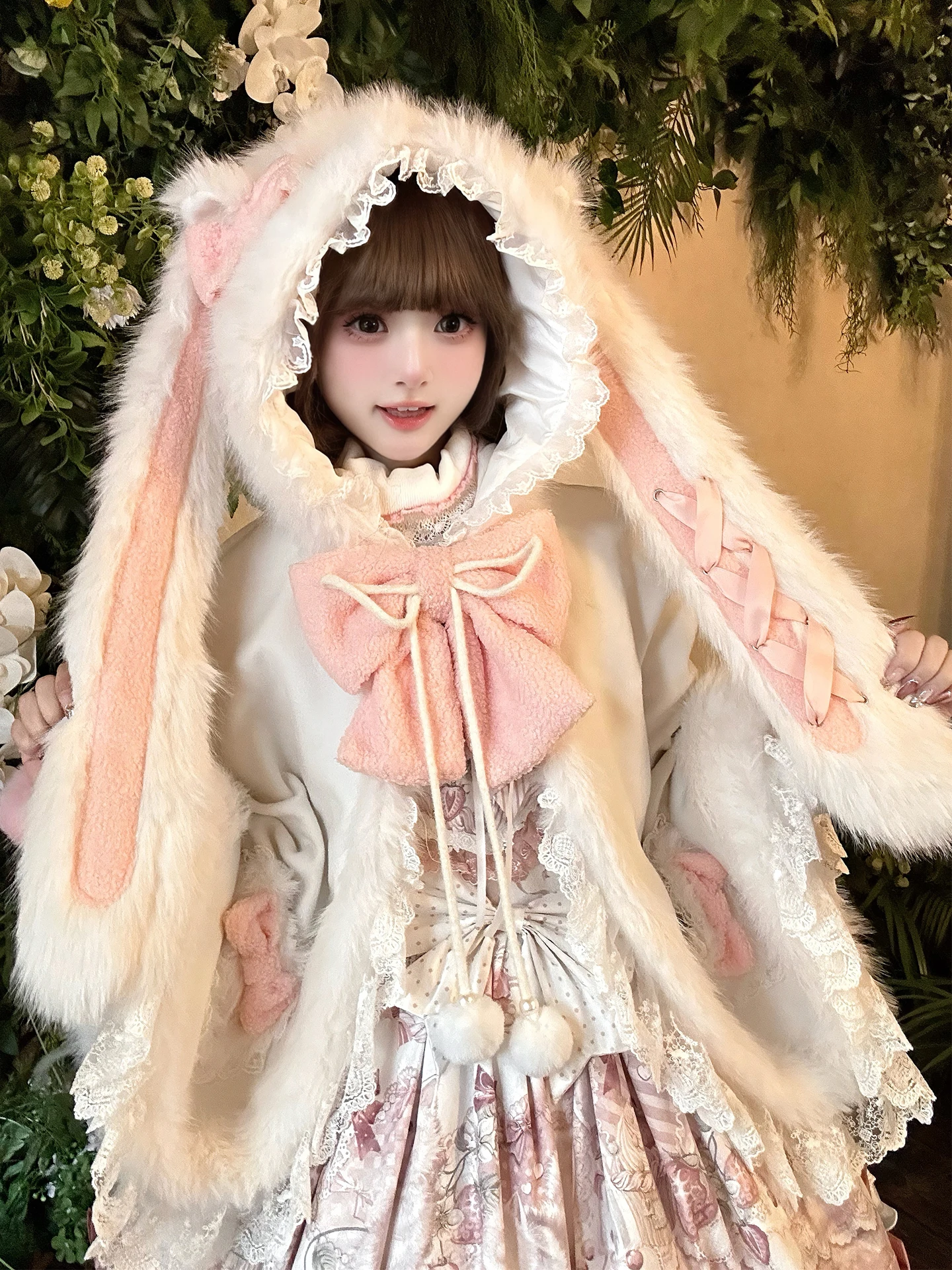 ラビットイヤーデザインのフード付きケープコート：fudge系女子の甘さとモード感を再現する秋冬アイテム