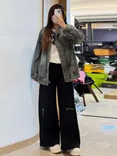 美ラインのブラックワイドレッグデニムパンツ【アメリカンストリートスタイル・大きいサイズ・体型カバー】（セットアップ対応）