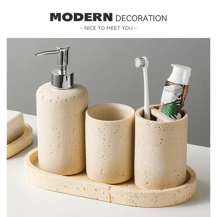 モダン 洞石製バスルーム洗面セット【マウスカップ・ローションボトル・トレイ付き・ホテル用】