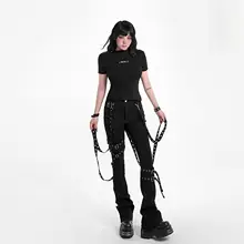 サスペンダー付き フレアパンツ レディース 着脱可能 ゴシック ダーク 高ストレッチ 着痩せ「YUBABY」