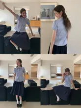 ブルー格子柄デザインの半袖シャツ【フリルスリーブ・夏用・翻領】
